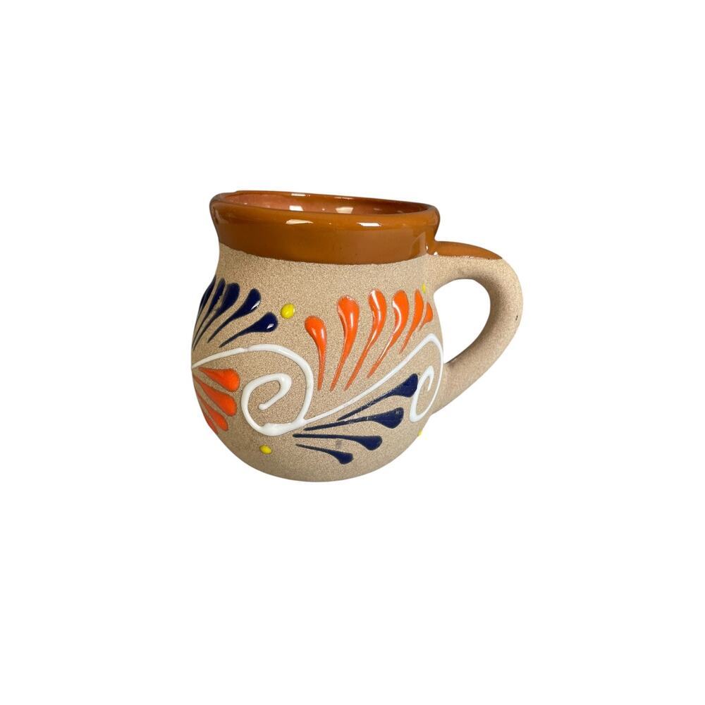 Mexican Tonala Sandstone Pottery Mug With Hand Painted Enamel & Glazed Interior